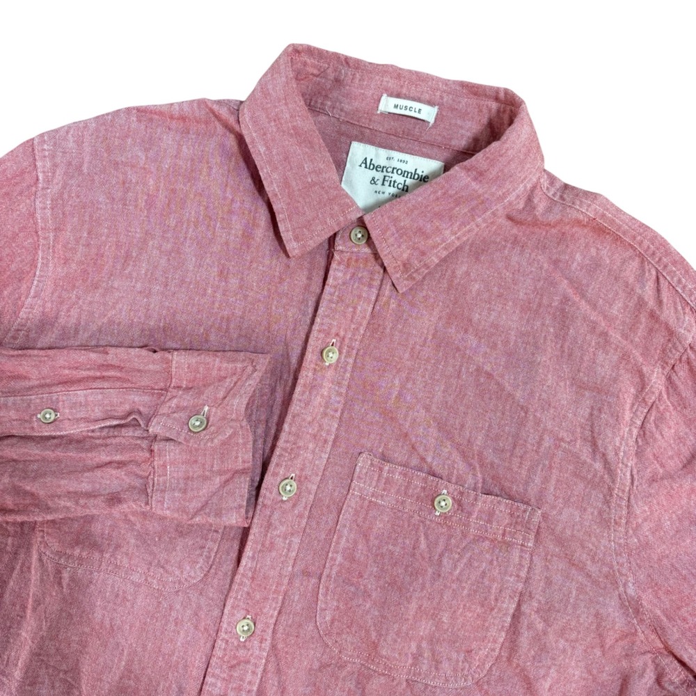Abercrombie & Fitch Muscle Fit Button Down Shirt Mens XL Red Long Sleeve Pockets
